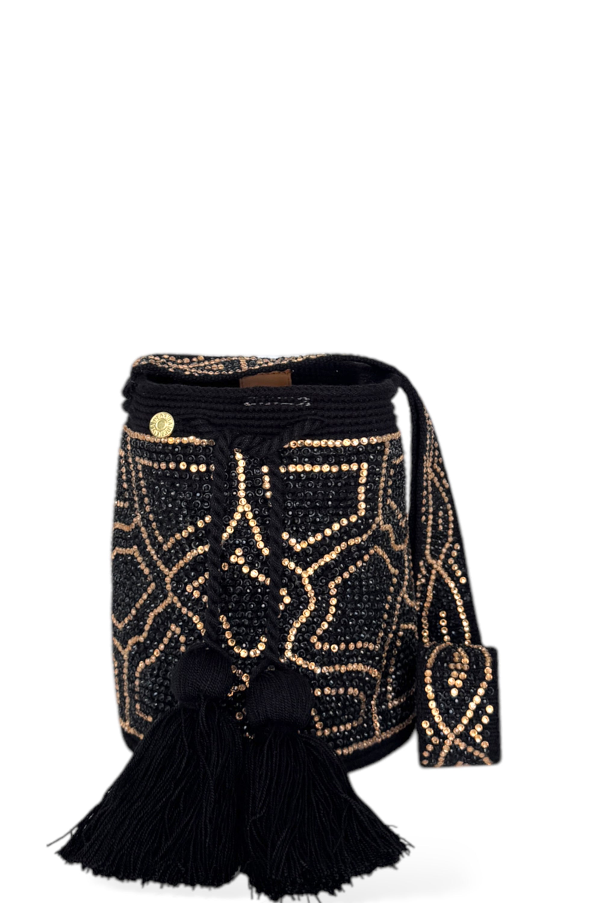 Cartera wayuu bag de algodón tejida a mano con aplicaciones de tela y brillos